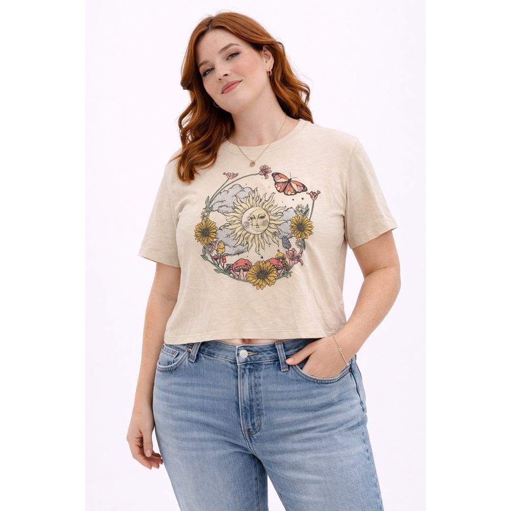 Cold Crush Graphic Tee Women Size S Beige Sun Moon Mushroom Butterfly Boho Shirt
